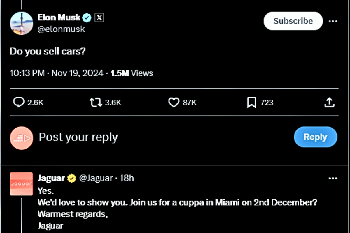 Elon Musk pokes Jaguar over new logo, gets invited for a Cuppa
