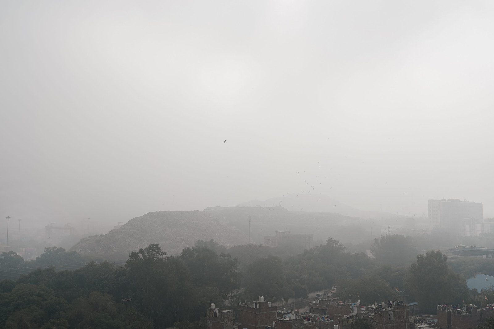 A view of the Okhla landfill covered in thick fog, highlighting pollution and low visibility in the area.