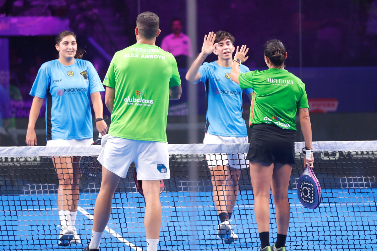 Players from both teams share a moment of camaraderie after the closely contested World Padel League opener between Vernost Jaguars and Sohail Khan Ent. Panthers.