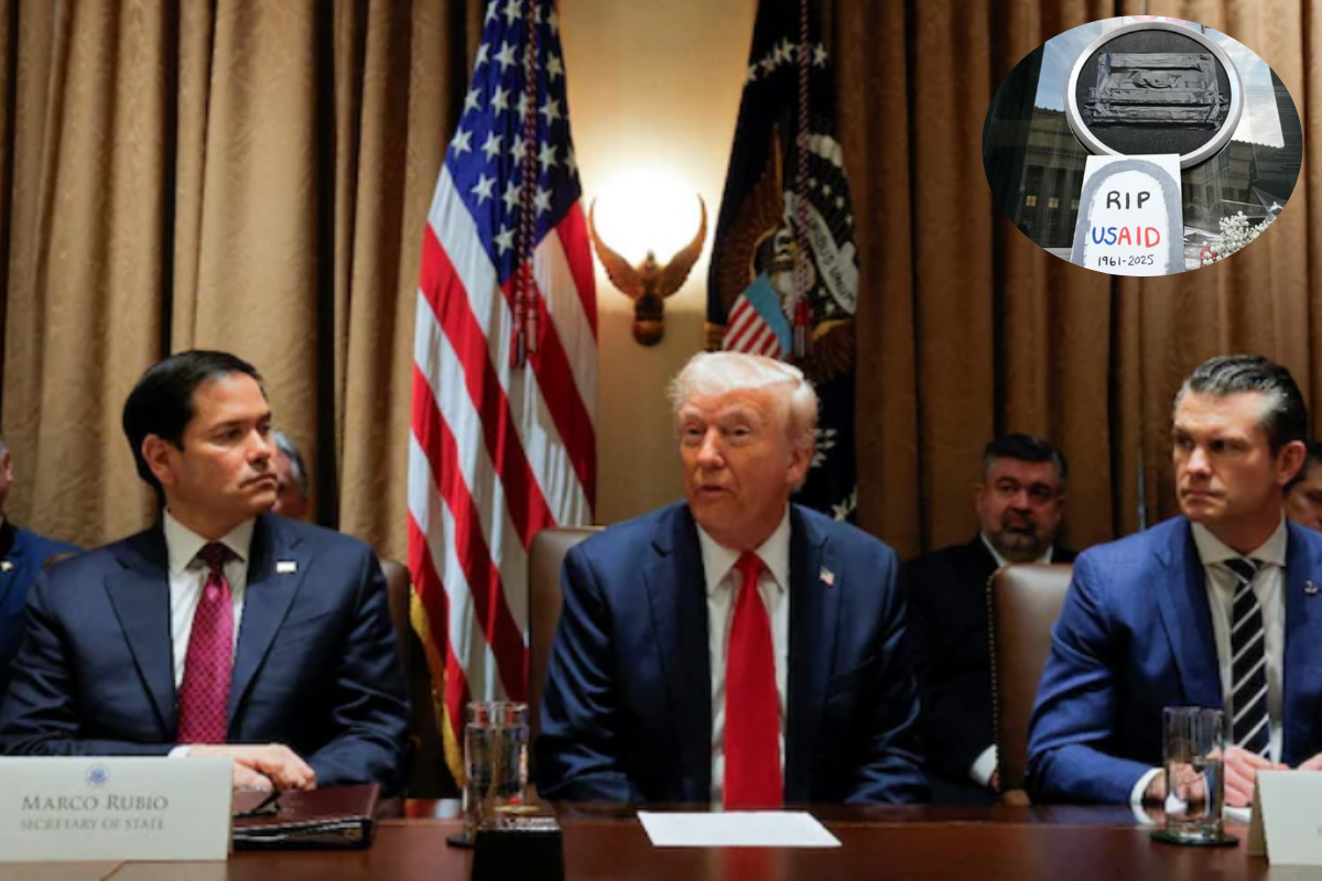US President Donald Trump hosts his first cabinet meeting with Elon Musk in attendance as he sits next to Secretary of State Marco Rubio and Defense Secretary Pete Hegseth.