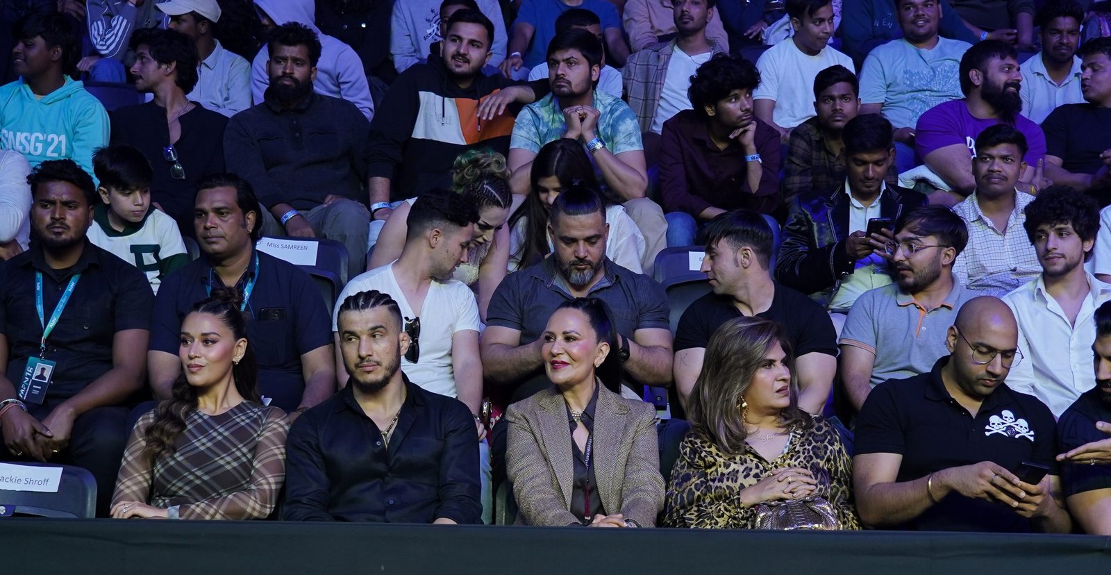 The owners of The Matrix Fight Night (MFN), Jackie Shroff's daughter Krishna Shroff and his wife Ayesha Shroff, along with professional Afghan fighter Abdul Azim. (Photo by Ritik Sharma)
