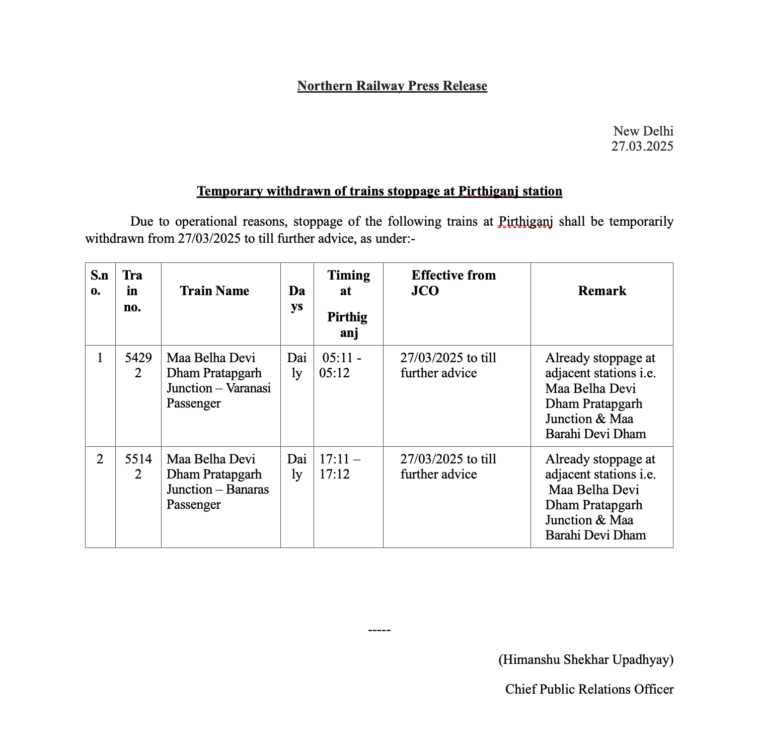 Northern Railway Press Release.