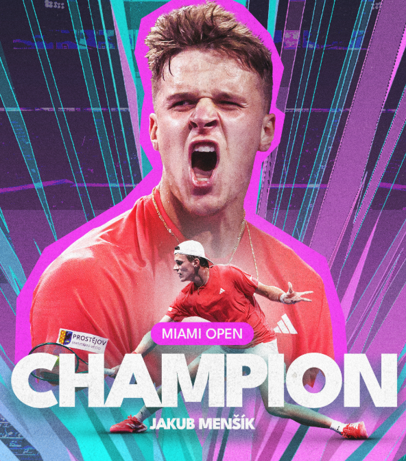 Jakub Mensik celebrates his historic Miami Open victory over Novak Djokovic.