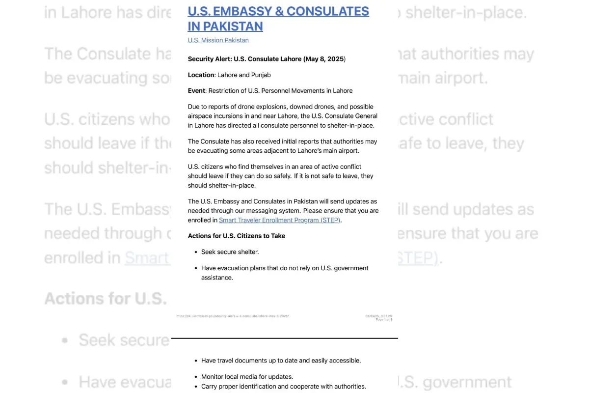 US Embassy Directs Staff in Lahore, Islamabad, Rawalpindi to Shelter